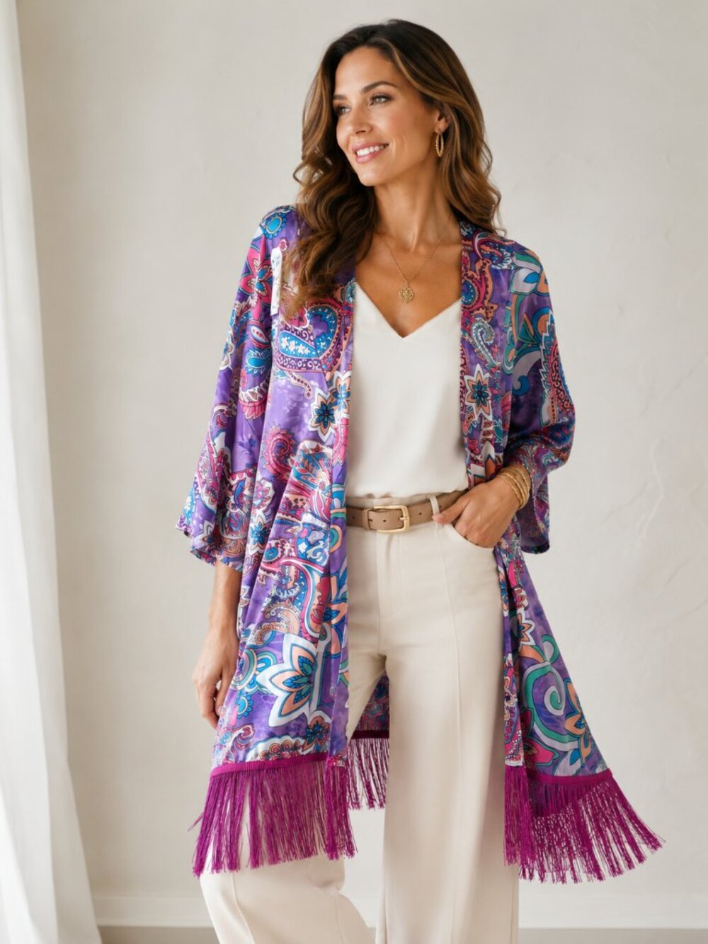 Purple Paisley Fringe Kimono